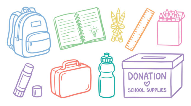 Essential back to school supplies and charity donation box illustration, perfect for educational campaigns, fundraising, and children's learning resources.