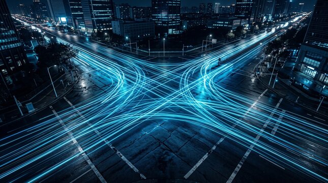 Dynamic night city traffic long exposure light trails intersection in modern metropolis architecture