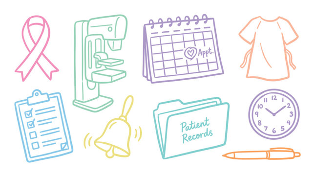 Healthcare icons collection featuring mammogram machine, pink ribbon, calendar, and other medical symbols for patient care and awareness.