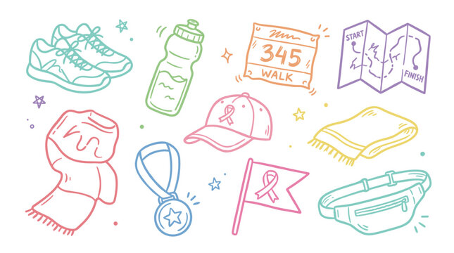 Colorful doodle illustrations of running shoes, water bottle, race bib, map, cap, medal, and flag for a charity walk or marathon event.