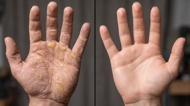 Before and after hand callus removal and skin moisturizing treatment