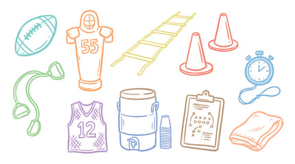 Fototapeta premium Various sports training equipment and accessories are playfully illustrated in a colorful doodle style, perfect for athletic and fitness-related designs.
