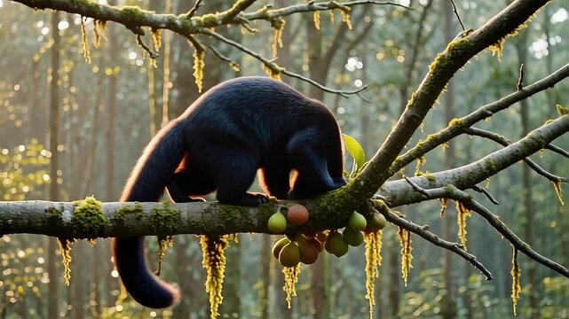 Binturong climbing on mossy log in lush forest. Rare Asian bearcat walking along fallen tree branch in golden sunlight.
