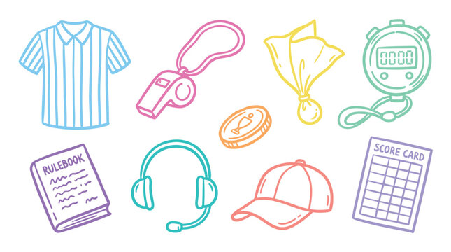Sports officiating and coaching equipment icons in a colorful hand-drawn style, representing various tools used by referees, coaches, and game officials.