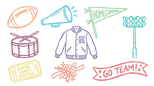 Colorful hand-drawn illustrations of school spirit and sports event items like a football, megaphone, pennant, and letterman jacket.