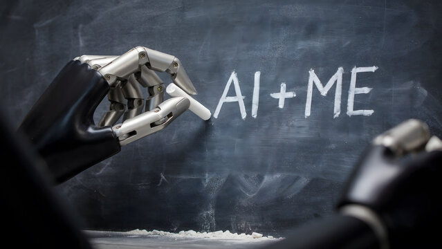 Robotic hand writing AI plus ME on a chalkboard in a futuristic classroom