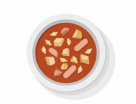 Top-down flat vector style illustration of traditional Hungarian paprikas krumpli potato stew with frankfurters and dumplings
