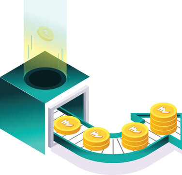 Indian rupee coin generator machine isometric 3D icon. Conveyor belt growing stacks of golden coins, wealth creation, financial growth, savings returns, passive income, economic banking fintech app UI