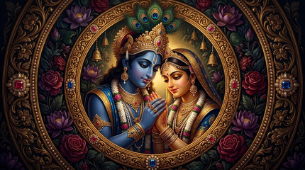 Obraz premium Divine couple depicted in ornate frame, surrounded by floral motifs and peacock feathers, symbolizing devotion and eternal love