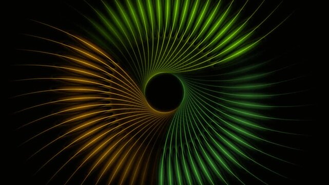 Abstract Spiral Pattern with Green and Orange Light Trails Against Black Background