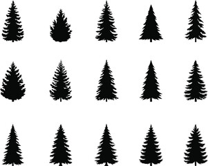 Obraz premium Collection of black pine tree silhouettes in various shapes and sizes fir tree evergreen conifer