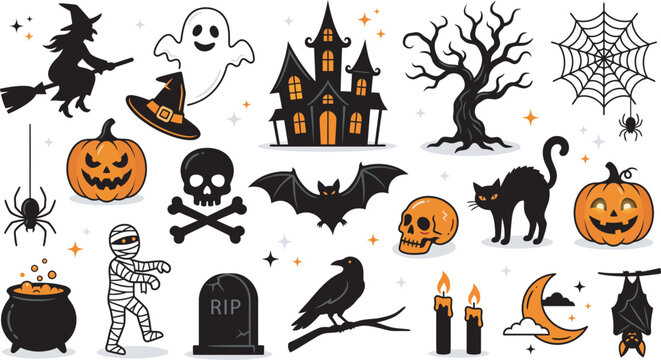 A collection of various spooky halloween icons including a haunted house witch pumpkin skull bat cat and raven on a white background
