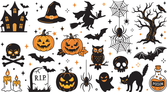 A collection of various spooky halloween themed icons featuring pumpkins witches ghosts bats skulls and haunted houses for festive holiday design projects