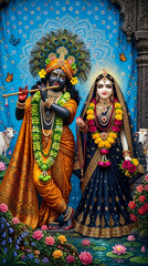 Obraz premium Vibrant depiction of divine figures, adorned with flowers and peacock feathers, symbolizing spiritual love and devotion, perfect for cultural or religious themes