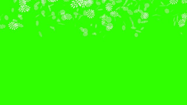Festive animation of gold glitter snowflakes falling down against a green screen background