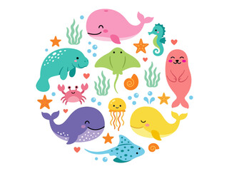 Fototapeta premium Cute Kawaii Sea Creatures Circle Illustration with Whale, Seal, and Manatee
