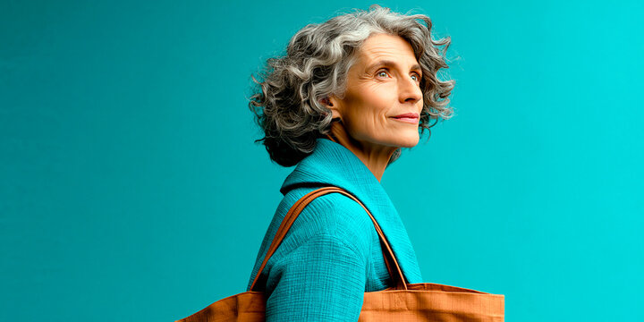 Confident senior woman with gray curly hair carrying a bag against turquoise background, representing active aging, independence and mature lifestyle