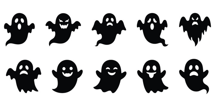 Set of ten black silhouette ghost for halloween