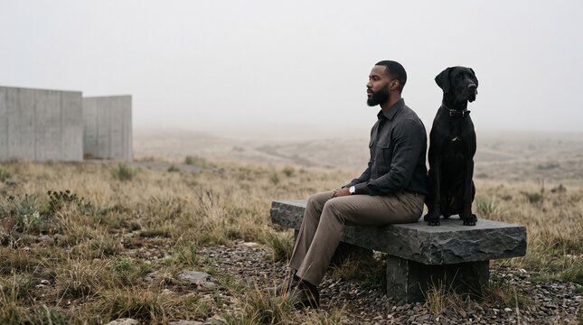 Man and Dog Sitting Together on Hillside Overlooking Valley