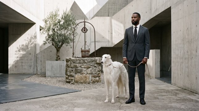 Well-Dressed Man with White Dog in Modern Courtyard