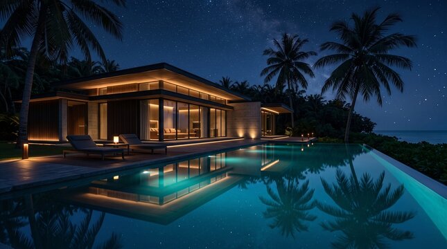 Luxury Modern Villa with Infinity Pool at Night