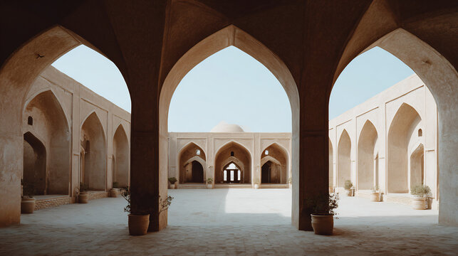 Ancient courtyard with arched walkways