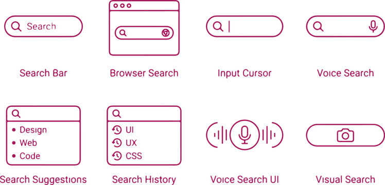 Collection of user interface elements for search and voice search functions including search bar browser input cursor and voice search ui icons.