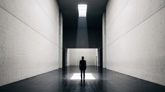 Silhouette Figure Standing in Empty Concrete Corridor