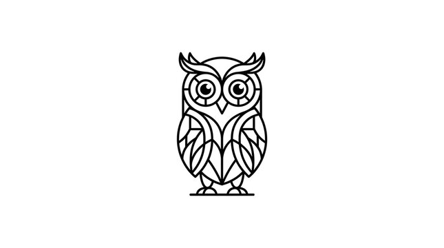 Cute geometric owl illustration created with clean black outline and symmetrical minimalist shapes. Perfect for education, wisdom symbols, branding, children's projects, wildlife logos, and modern vec
