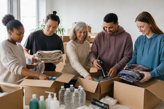 Volunteers Packing Aid Boxes: A diverse group of smiling volunteers diligently packs essential supplies into cardboard boxes, demonstrating community spirit and a commitment to helping others in need.
