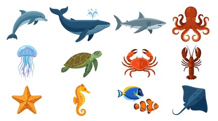Fototapeta premium Marine animals vector collection featuring aquatic sea life icons like whale, shark, and turtle isolated on white
