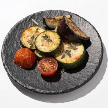 roasted mediterranean vegetables on a black stone