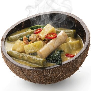  thai vegetable curry in a coconut shell bowl real 