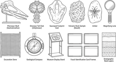 Set of paleontology fossils geology tools and museum display line art vector illustrations © MstShapla