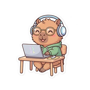 Cute kawaii capybara programmer sitting at a laptop, wearing round glasses and headphones with a cheerful smile. Adorable chibi sticker-style illustration featuring clean bold outlines, soft pastel co