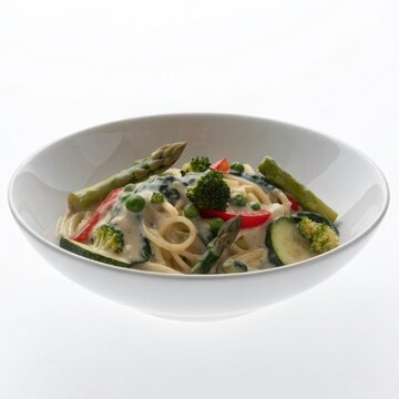 vegetable pasta primavera in a deep white bowl