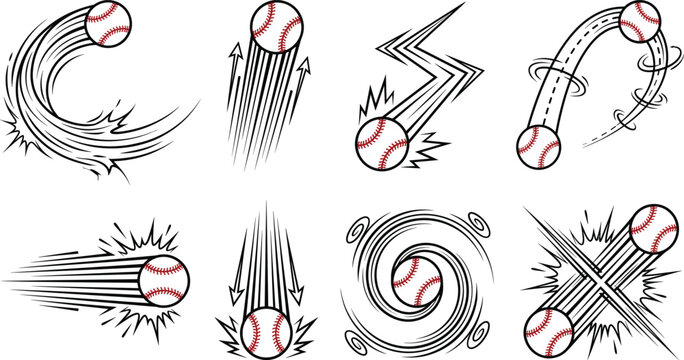 Set of dynamic flying baseballs with motion speed lines and action trails in vector style