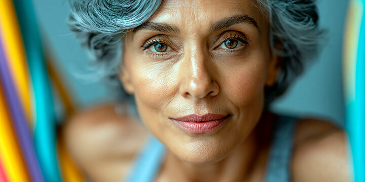 Confident mature woman with short gray hair looking at camera in colorful close up portrait, representing beauty, aging and self confidence