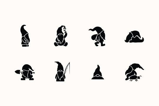 Set of cute garden gnomes silhouettes, vector illustration of funny dwarfs in different poses, collection of gnome icons