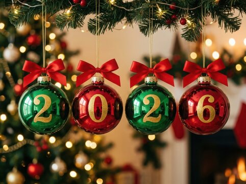 Four festive christmas ornaments with the year 2026 hanging on a decorated tree with red bows and warm glowing bokeh lights