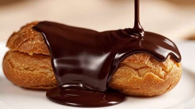 Delicious fresh eclair being covered with rich dark chocolate sauce on a white plate.