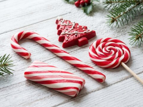 Red and white christmas candy canes and lollipop with a tree shaped treat on a rustic wooden table with pine branches