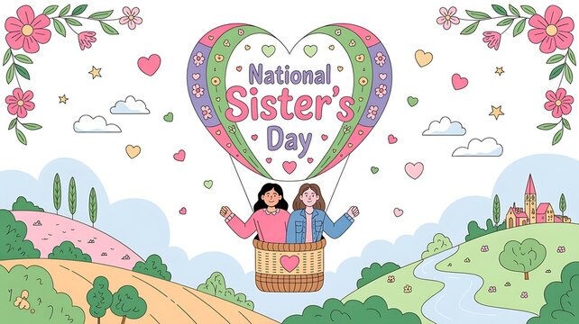 Happy national sisters day illustration with two sisters in a hot air balloon over a scenic landscape