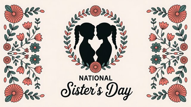 National sisters day greeting card design with floral borders and silhouette of two sisters facing each other