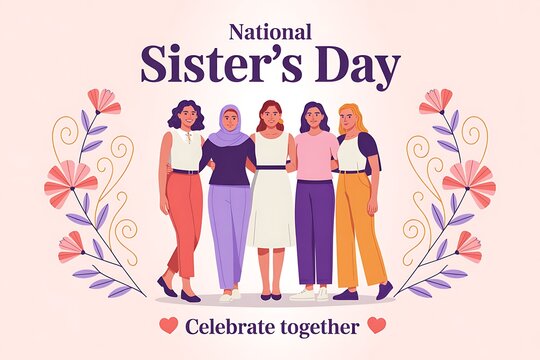 National sisters day illustration with a diverse group of women standing together surrounded by floral elements