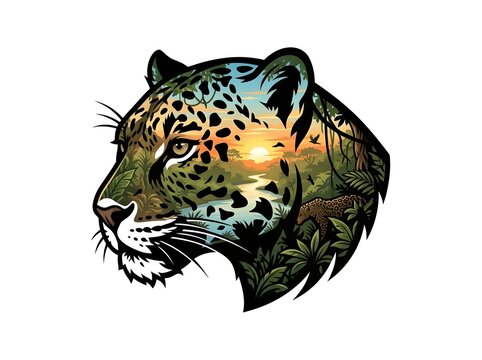 Double exposure illustration of a jaguar head featuring a lush tropical rainforest landscape at sunset.