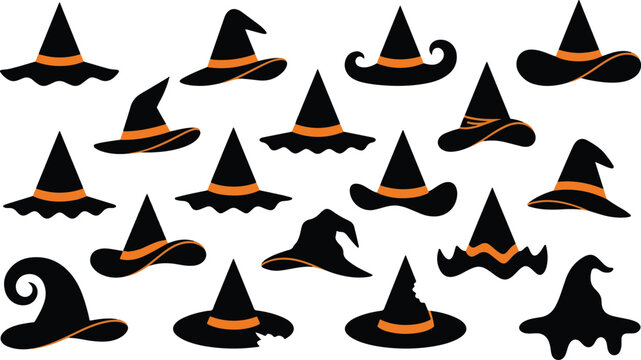 Torn and ripped spooky Halloween witch hat silhouettes vector set