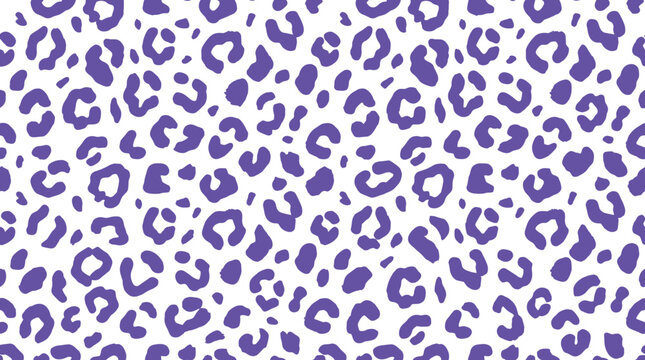 Seamless animal print pattern featuring purple leopard spots on a clean white background surface