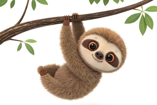Cute cartoon sloth hanging from a tree branch with leaves