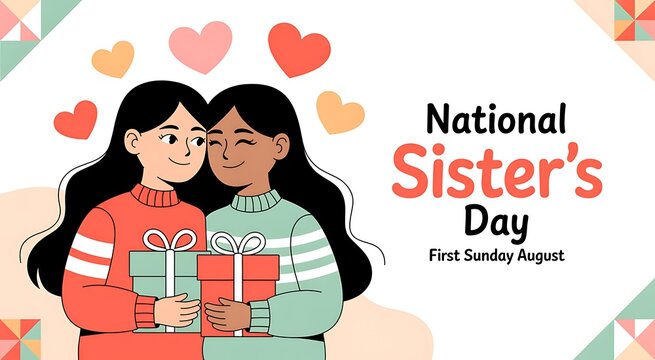 Illustration of two sisters hugging and holding gifts to celebrate national sisters day with heart icons